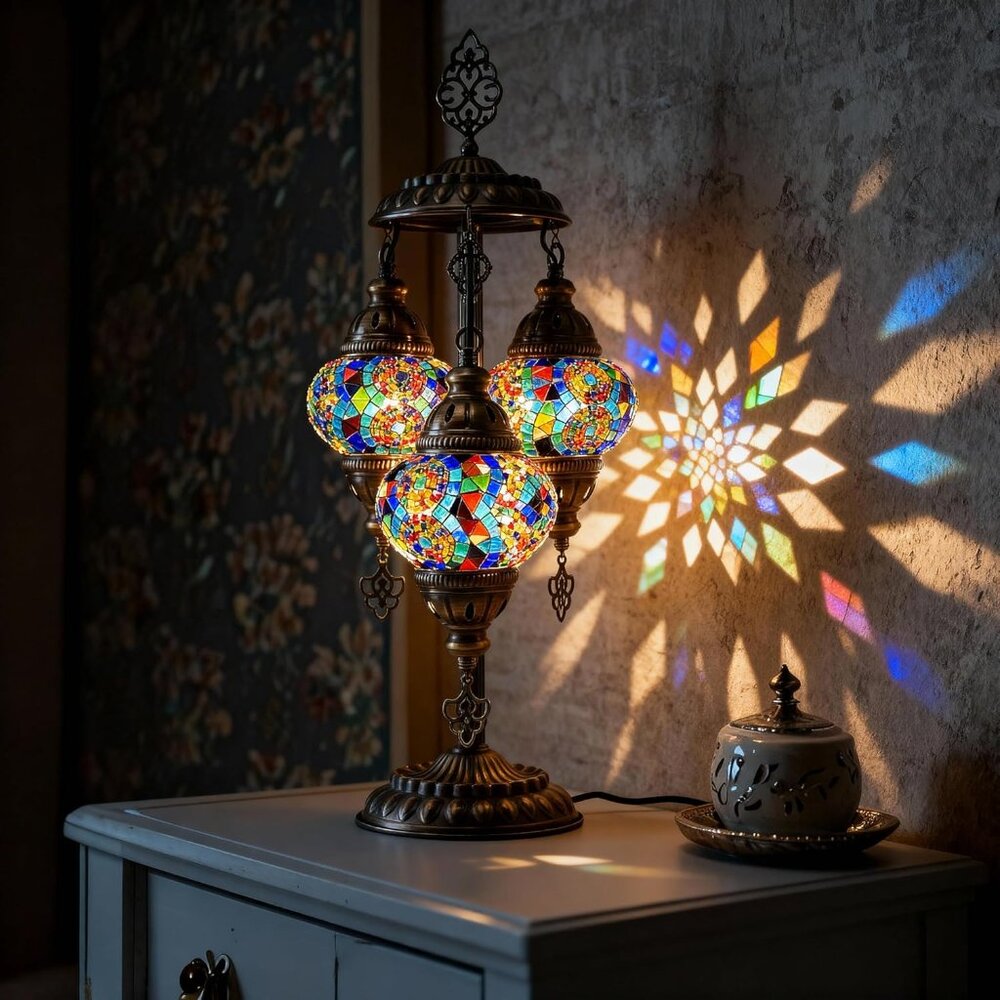 NEW! Handmade Turkish Mosaic Lamp – 3 Globe Tiffany-Style Moroccan Table Light